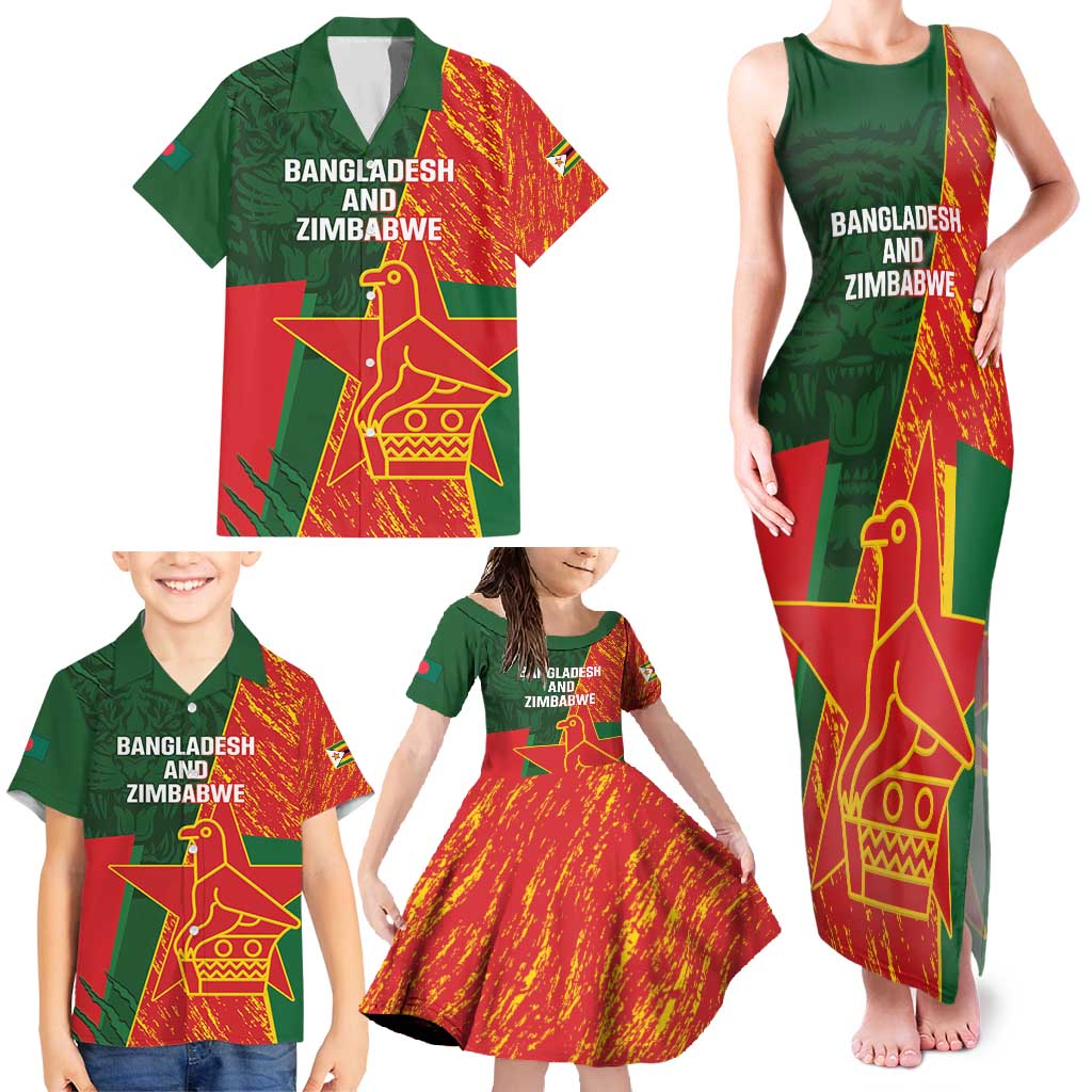 Custom Bangladesh And Zimbabwe Cricket Family Matching Tank Maxi Dress and Hawaiian Shirt 2025 Tigers Chevrons Together - Wonder Print Shop