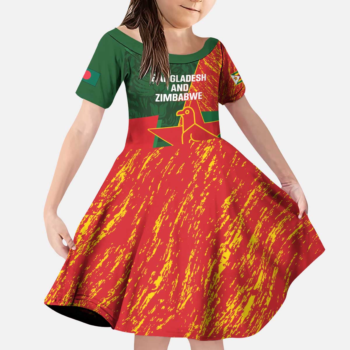 Custom Bangladesh And Zimbabwe Cricket Kid Short Sleeve Dress 2025 Tigers Chevrons Together - Wonder Print Shop