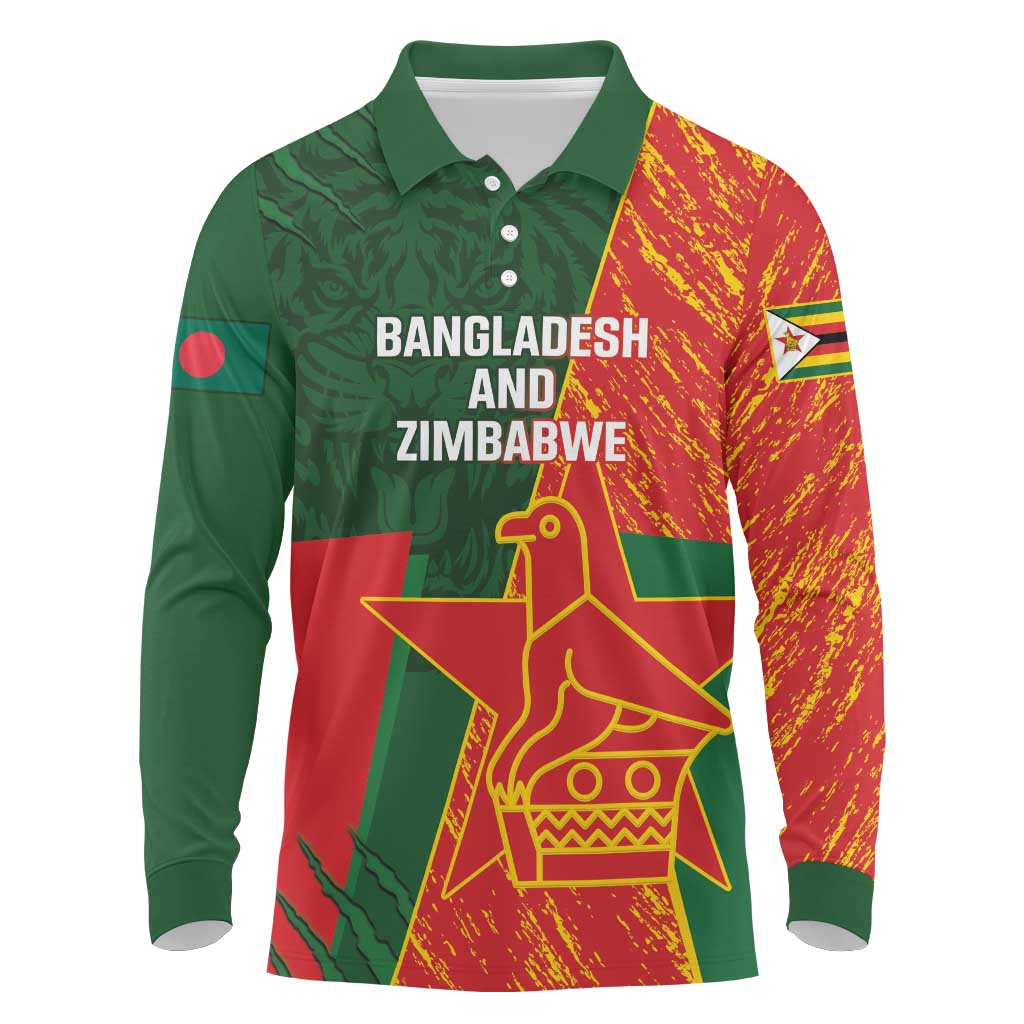 Custom Bangladesh And Zimbabwe Cricket Long Sleeve Polo Shirt 2025 Tigers Chevrons Together - Wonder Print Shop