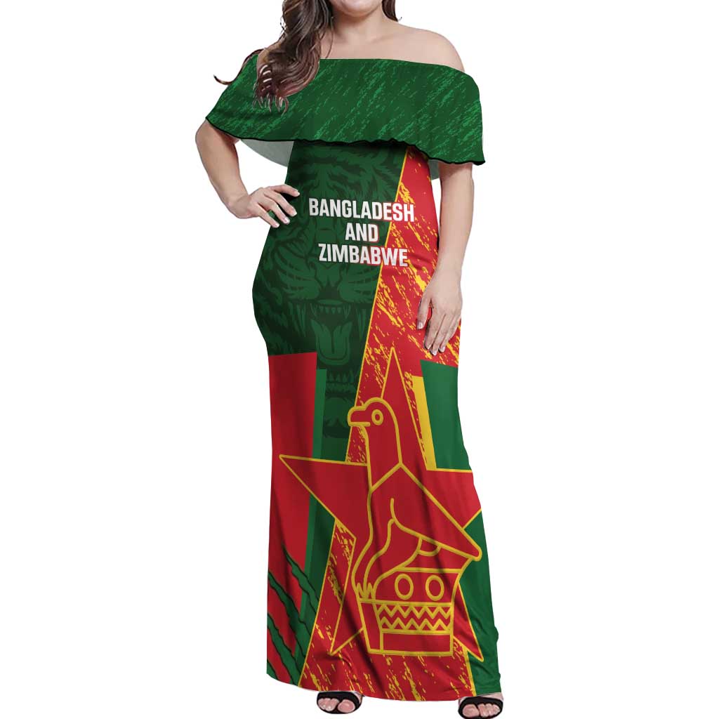 Custom Bangladesh And Zimbabwe Cricket Off Shoulder Maxi Dress 2025 Tigers Chevrons Together - Wonder Print Shop