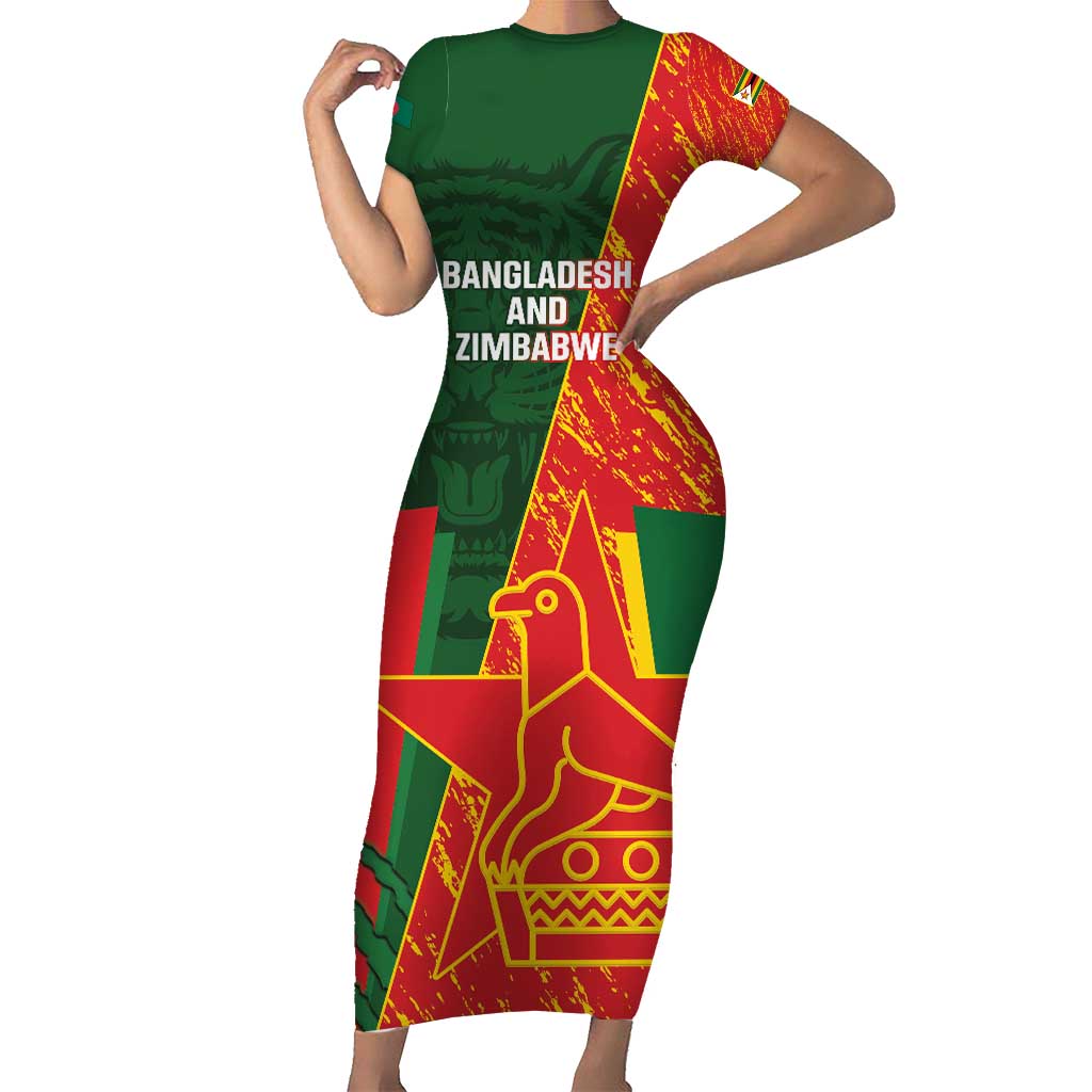 Custom Bangladesh And Zimbabwe Cricket Short Sleeve Bodycon Dress 2025 Tigers Chevrons Together