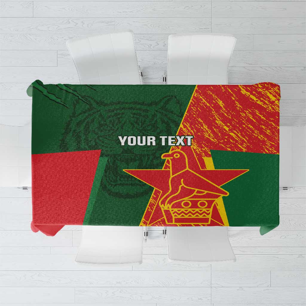 Green, red and yellow cricket tablecloth with chevron tiger graphic center panel