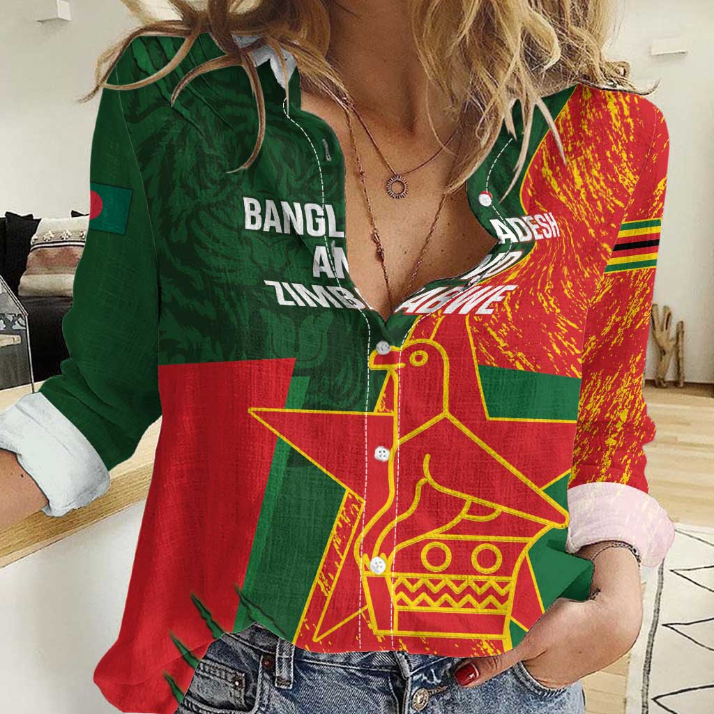 Custom Bangladesh And Zimbabwe Cricket Women Casual Shirt 2025 Tigers Chevrons Together