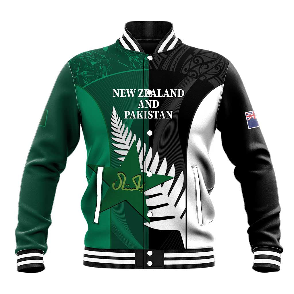 Baseball-style zip jacket in black and green with New Zealand & Pakistan graphic