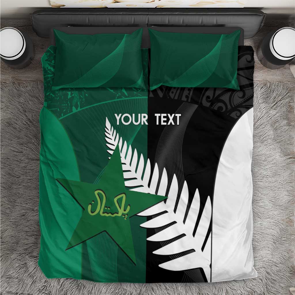 Cricket bedding set with green, black, and white printed flag design on duvet and pillows