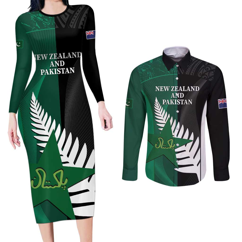 Custom New Zealand And Pakistan Cricket Couples Matching Long Sleeve Bodycon Dress and Long Sleeve Button Shirt 2025 Black Cap Shaheens Together - Wonder Print Shop