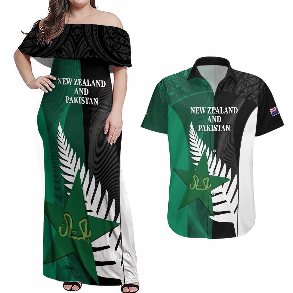 Custom New Zealand And Pakistan Cricket Couples Matching Off Shoulder Maxi Dress and Hawaiian Shirt 2025 Black Cap Shaheens Together - Wonder Print Shop