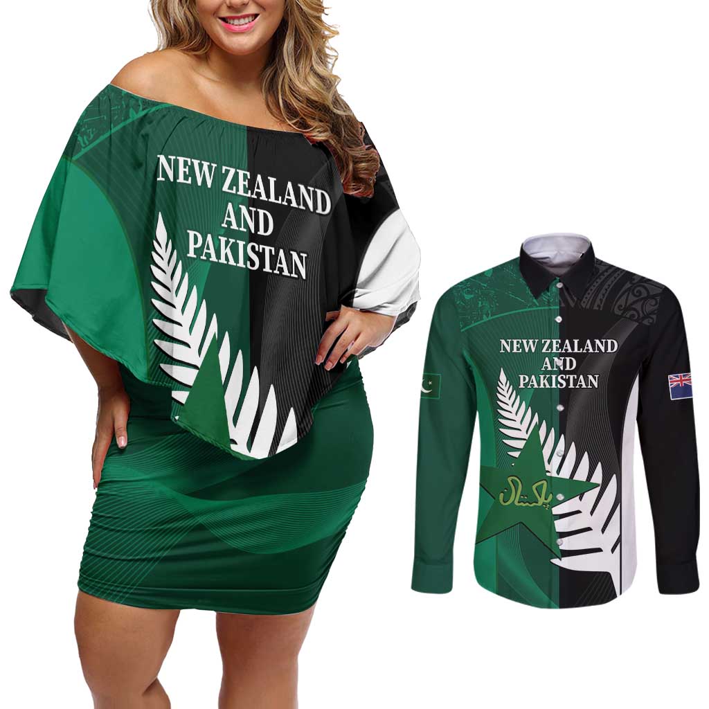 Custom New Zealand And Pakistan Cricket Couples Matching Off Shoulder Short Dress and Long Sleeve Button Shirt 2025 Black Cap Shaheens Together - Wonder Print Shop