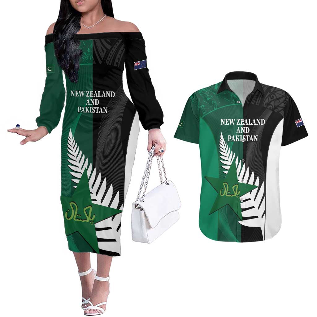 Custom New Zealand And Pakistan Cricket Couples Matching Off The Shoulder Long Sleeve Dress and Hawaiian Shirt 2025 Black Cap Shaheens Together - Wonder Print Shop