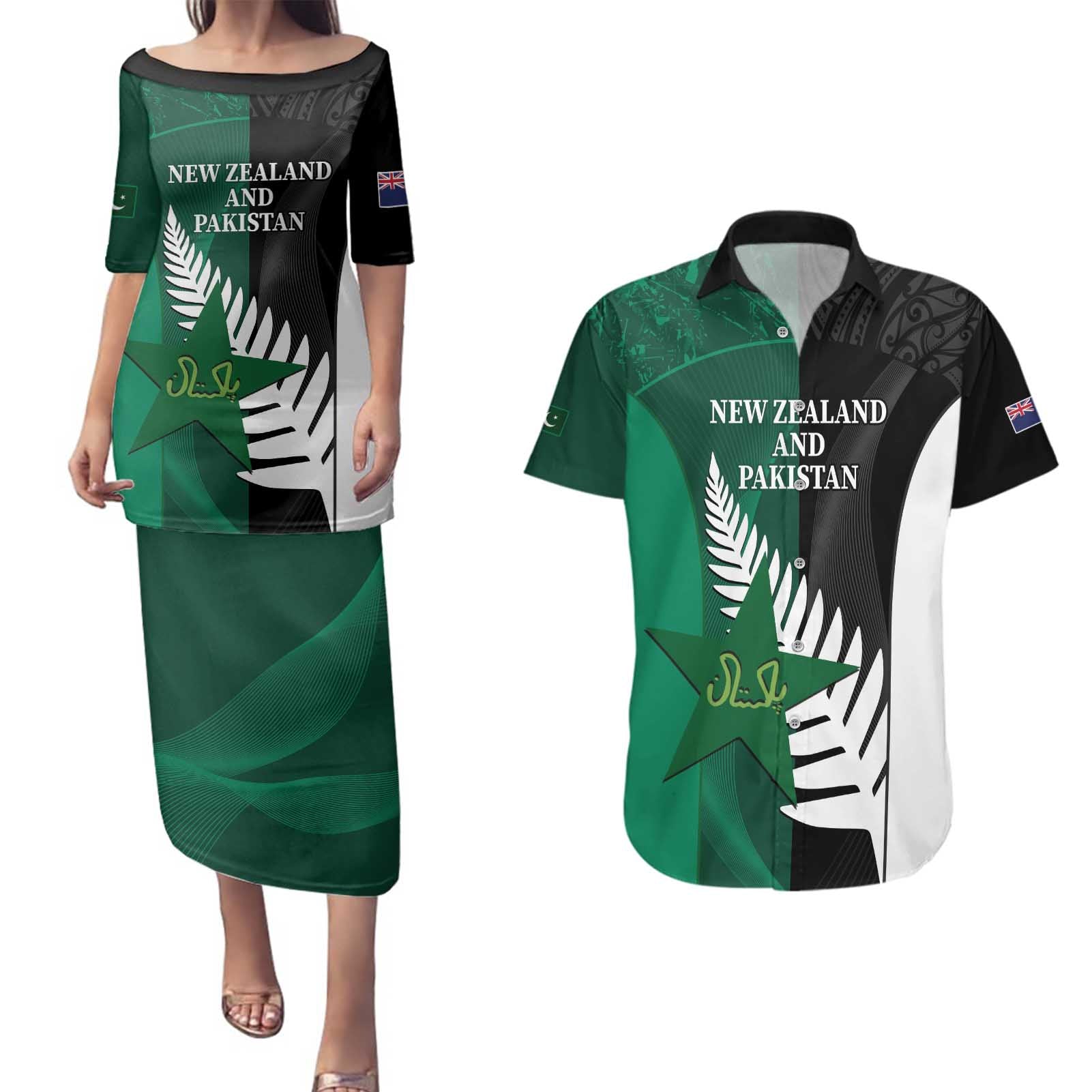 Custom New Zealand And Pakistan Cricket Couples Matching Puletasi and Hawaiian Shirt 2025 Black Cap Shaheens Together - Wonder Print Shop