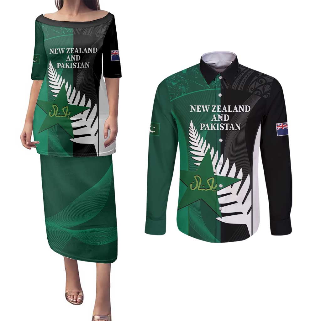 Custom New Zealand And Pakistan Cricket Couples Matching Puletasi and Long Sleeve Button Shirt 2025 Black Cap Shaheens Together - Wonder Print Shop