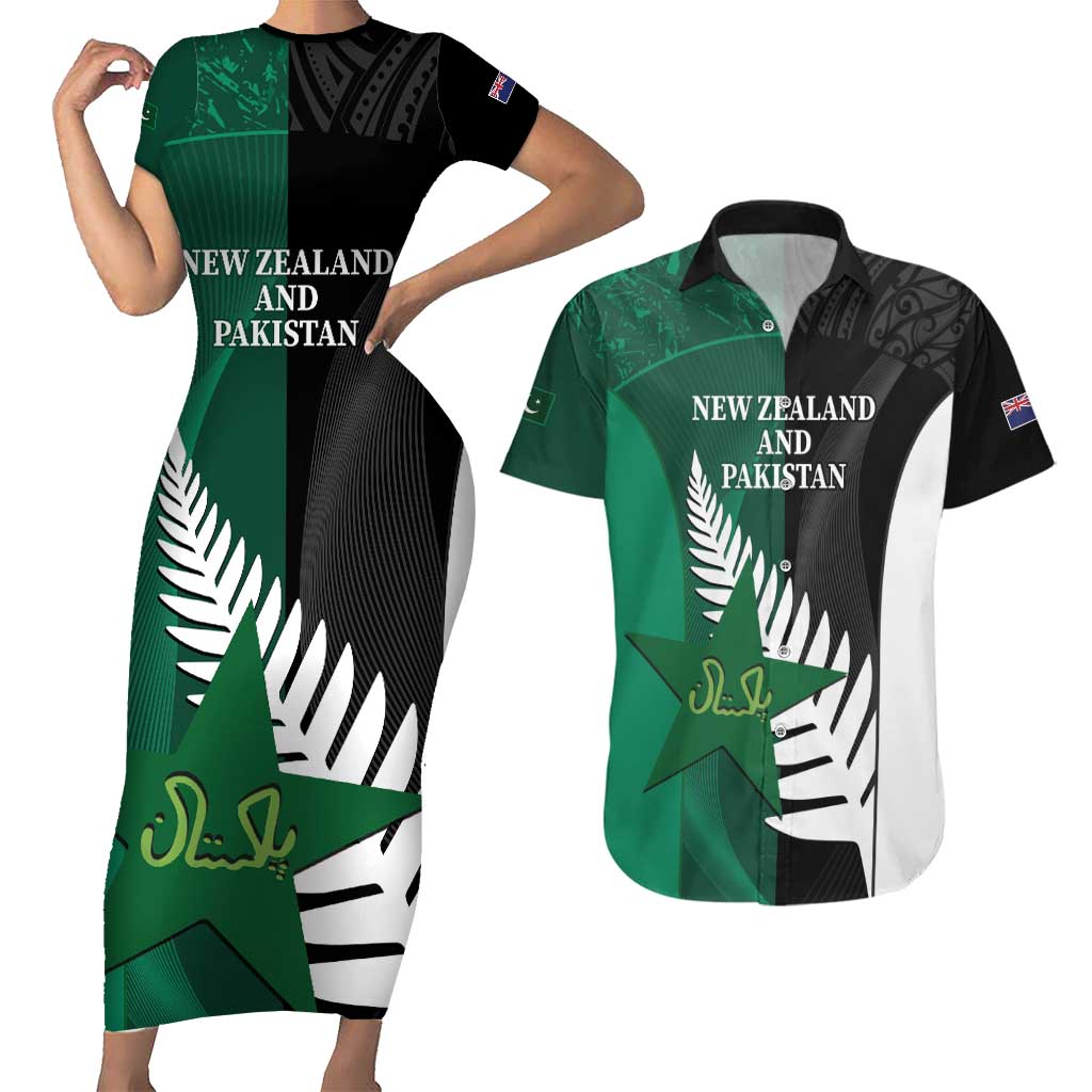 Custom New Zealand And Pakistan Cricket Couples Matching Short Sleeve Bodycon Dress and Hawaiian Shirt 2025 Black Cap Shaheens Together - Wonder Print Shop