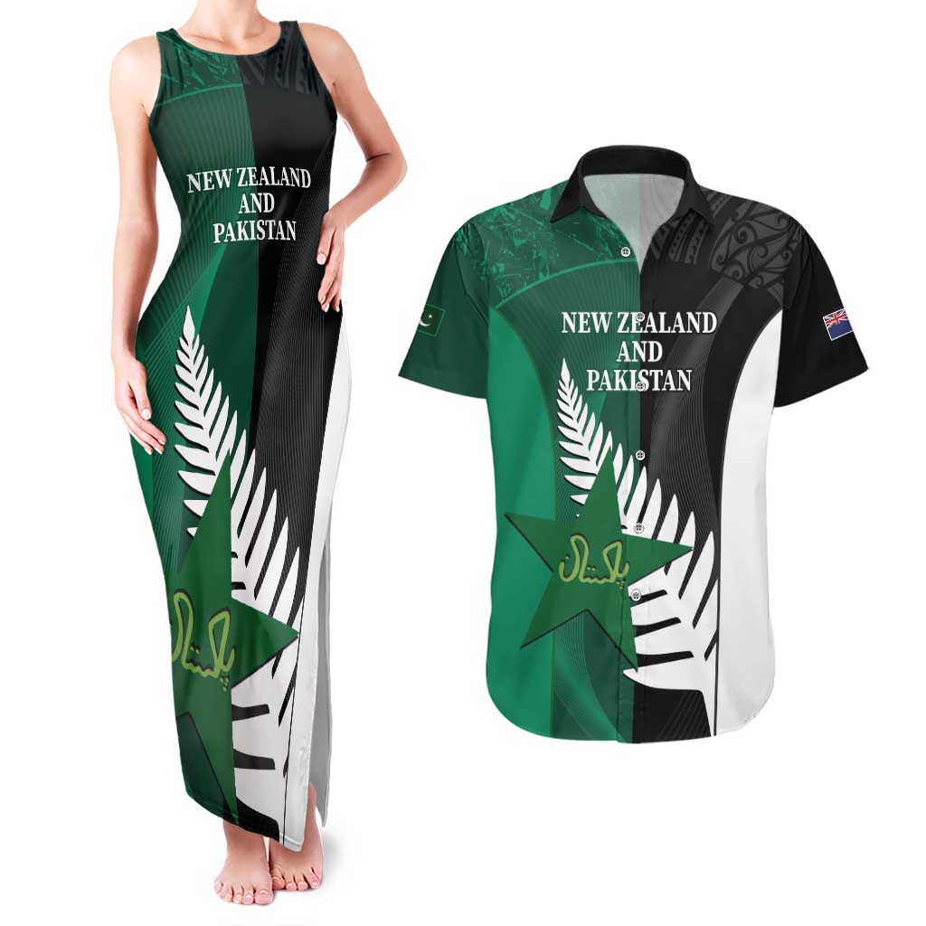 Custom New Zealand And Pakistan Cricket Couples Matching Tank Maxi Dress and Hawaiian Shirt 2025 Black Cap Shaheens Together - Wonder Print Shop