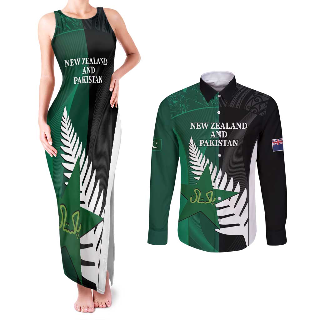 Custom New Zealand And Pakistan Cricket Couples Matching Tank Maxi Dress and Long Sleeve Button Shirt 2025 Black Cap Shaheens Together - Wonder Print Shop