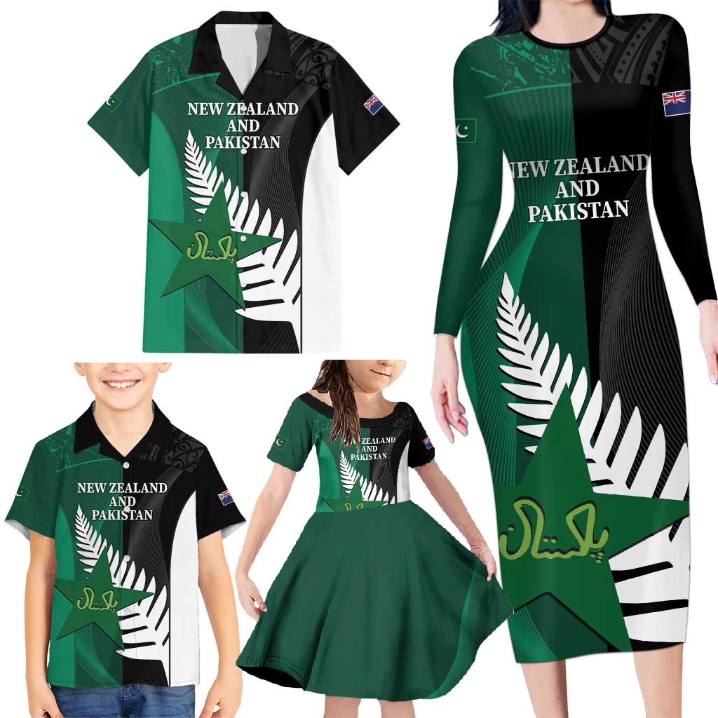 Custom New Zealand And Pakistan Cricket Family Matching Long Sleeve Bodycon Dress and Hawaiian Shirt 2025 Black Cap Shaheens Together - Wonder Print Shop