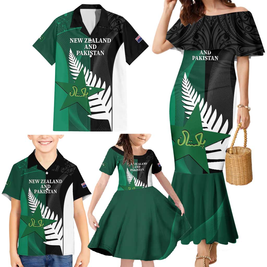 Custom New Zealand And Pakistan Cricket Family Matching Mermaid Dress and Hawaiian Shirt 2025 Black Cap Shaheens Together - Wonder Print Shop