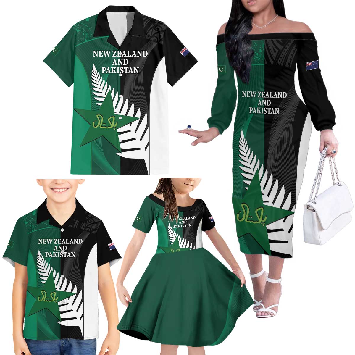 Custom New Zealand And Pakistan Cricket Family Matching Off The Shoulder Long Sleeve Dress and Hawaiian Shirt 2025 Black Cap Shaheens Together - Wonder Print Shop