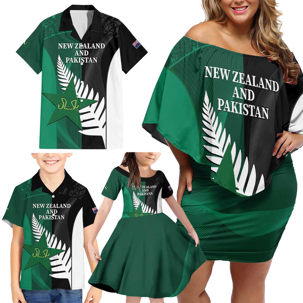 Custom New Zealand And Pakistan Cricket Family Matching Off Shoulder Short Dress and Hawaiian Shirt 2025 Black Cap Shaheens Together - Wonder Print Shop