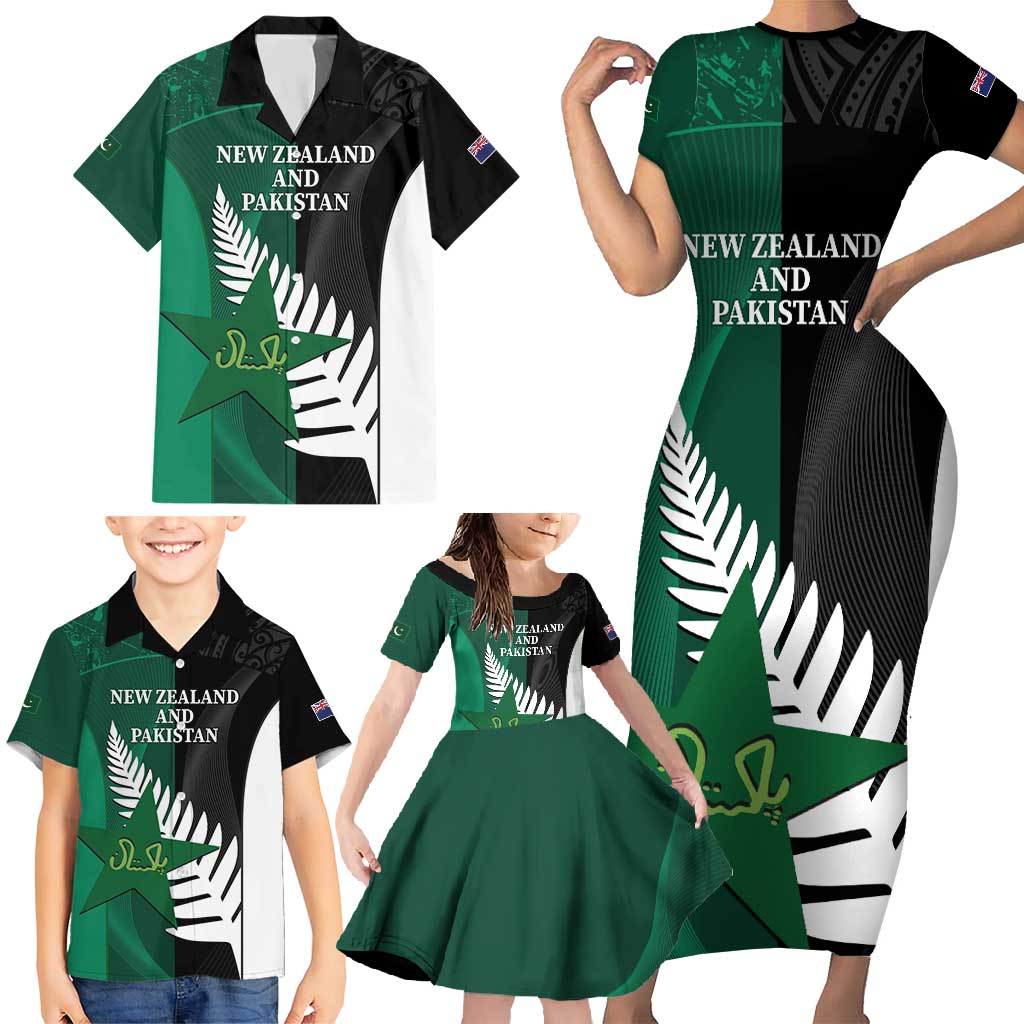 Custom New Zealand And Pakistan Cricket Family Matching Short Sleeve Bodycon Dress and Hawaiian Shirt 2025 Black Cap Shaheens Together - Wonder Print Shop