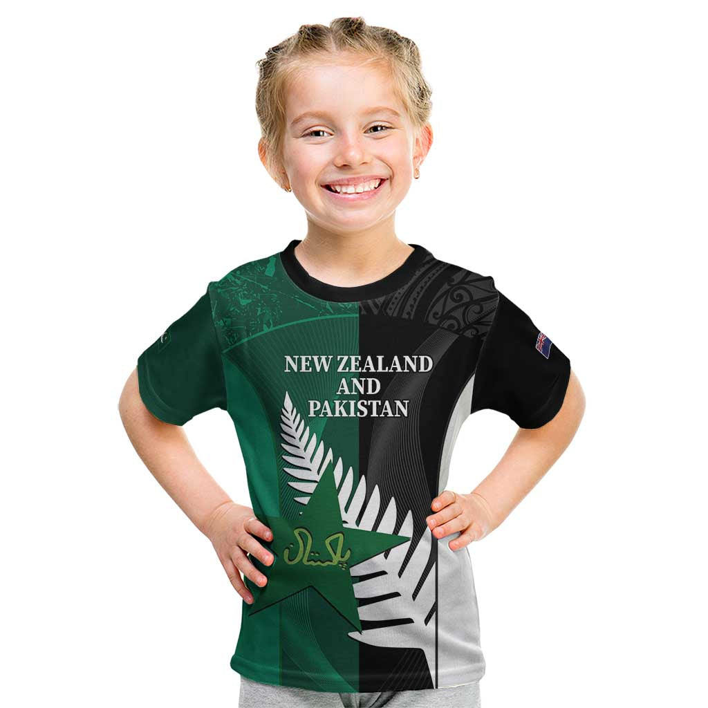 Custom New Zealand And Pakistan Cricket Kid T Shirt 2025 Black Cap Shaheens Together - Wonder Print Shop