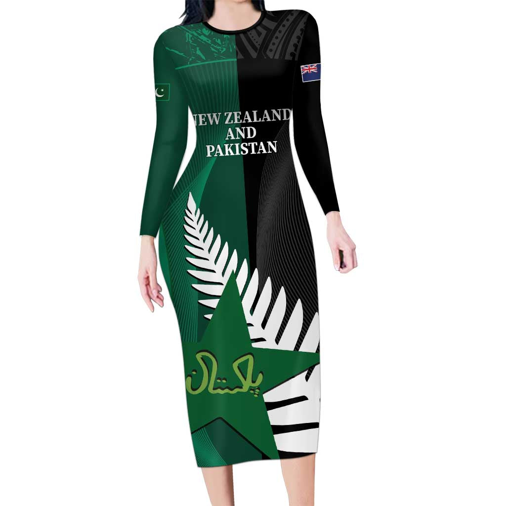 Custom New Zealand And Pakistan Cricket Long Sleeve Bodycon Dress 2025 Black Cap Shaheens Together - Wonder Print Shop