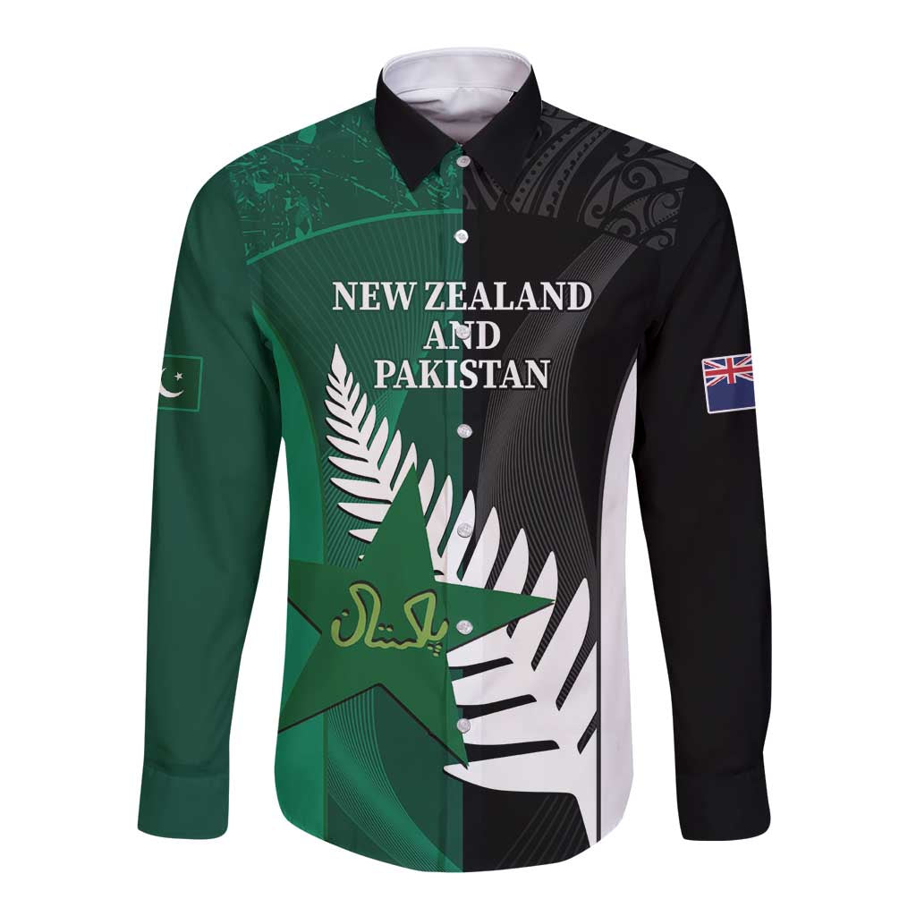 Long-sleeve button cricket shirt with green, black, and white graphics, front view