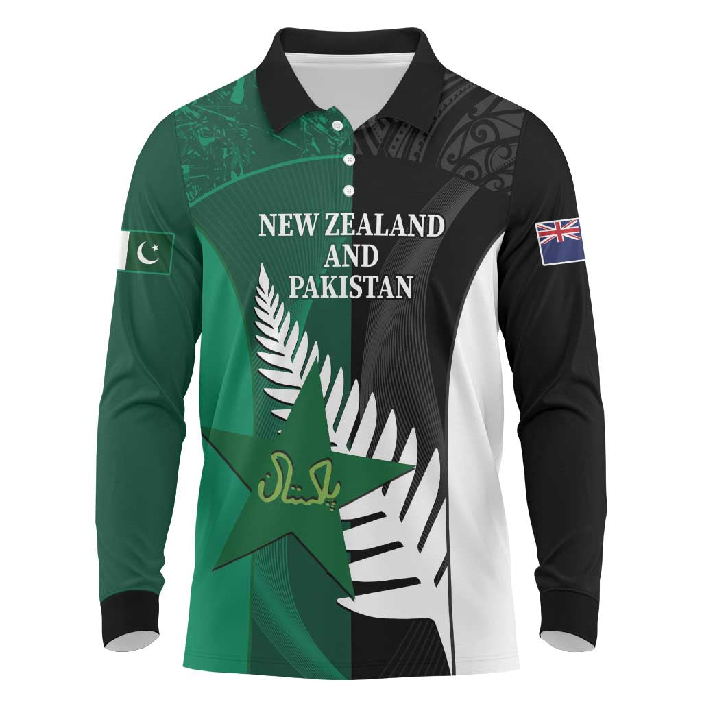 Custom New Zealand And Pakistan Cricket Long Sleeve Polo Shirt 2025 Black Cap Shaheens Together - Wonder Print Shop