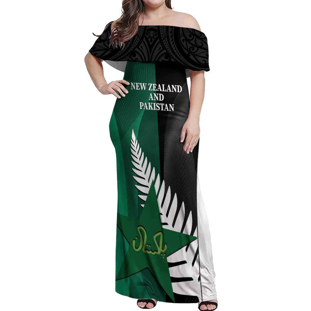 Custom New Zealand And Pakistan Cricket Off Shoulder Maxi Dress 2025 Black Cap Shaheens Together - Wonder Print Shop