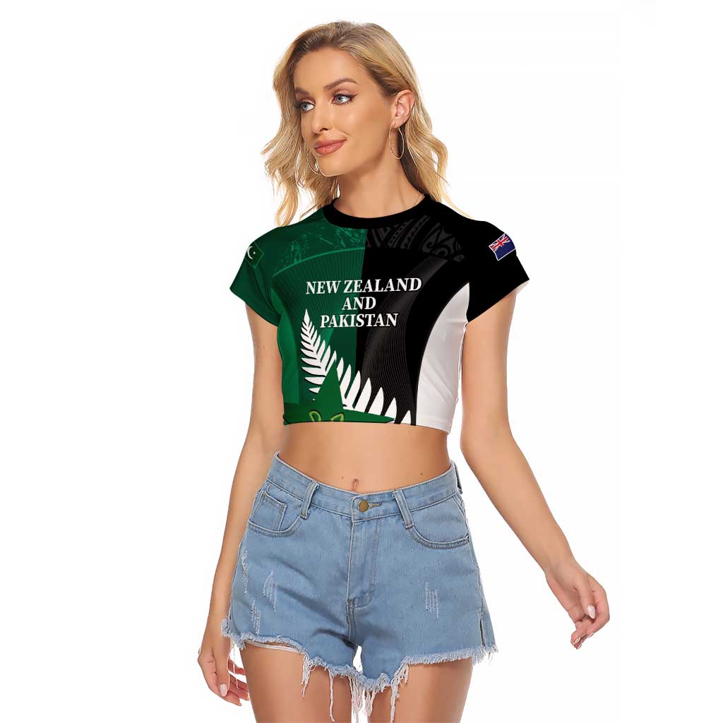 Custom New Zealand And Pakistan Cricket Raglan Cropped T Shirt 2025 Black Cap Shaheens Together