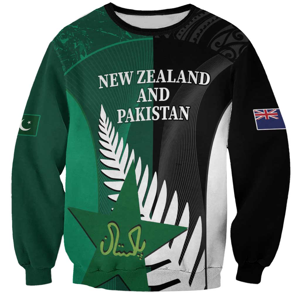 Unisex black and green cricket sweatshirt, NZ Pakistan graphic and flags