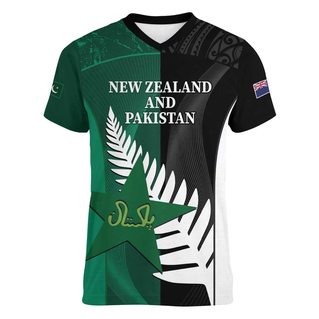 Custom New Zealand And Pakistan Cricket Women V-Neck T-Shirt 2025 Black Cap Shaheens Together