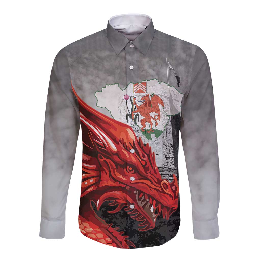 Wales Cardiff Capital Long Sleeve Button Shirt Welsh Red Dragon Castell Caerdydd - Wonder Print Shop