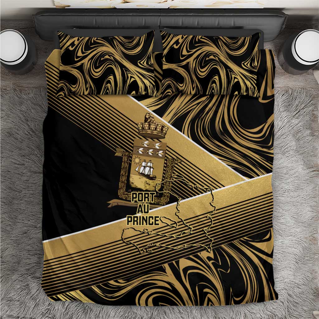 Port-au-Prince Afro-Haitians Bedding Set Ayiti Map Pòtoprens Gold Color - Wonder Print Shop