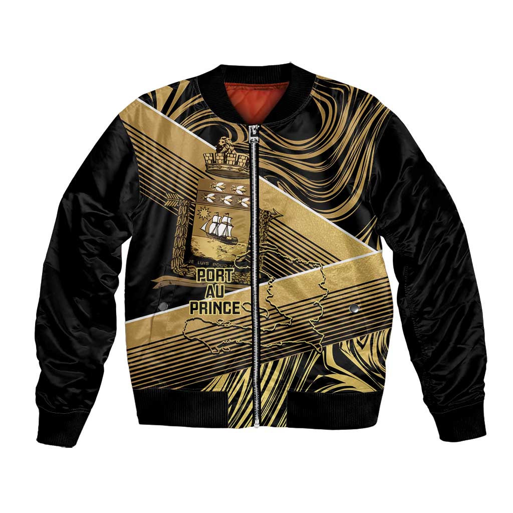 Port-au-Prince Afro-Haitians Bomber Jacket Ayiti Map Pòtoprens Gold Color - Wonder Print Shop