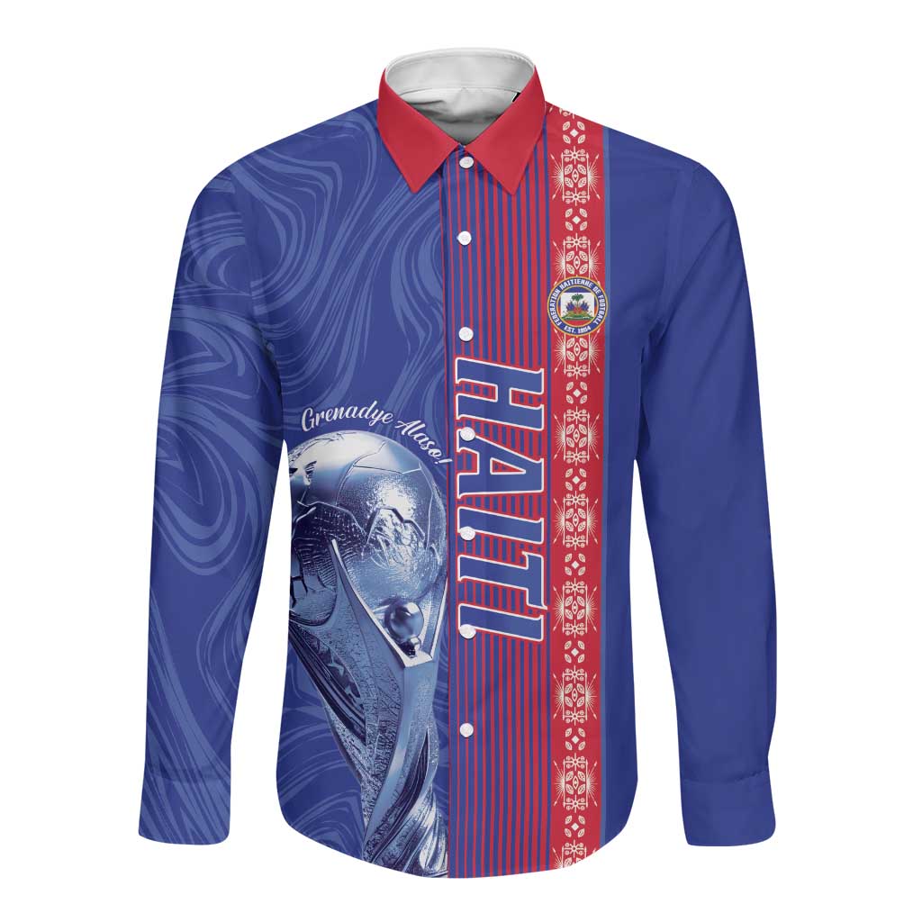 Custom Afro-Haiti Football Long Sleeve Button Shirt 2026 Grenadye Alaso Blue Version - Wonder Print Shop