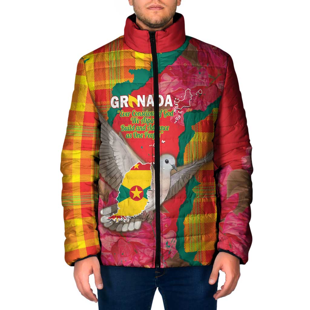 Grenada Independence Day Personalized Padded Jacket Tropical Dove Bougainvillea Madras Pattern