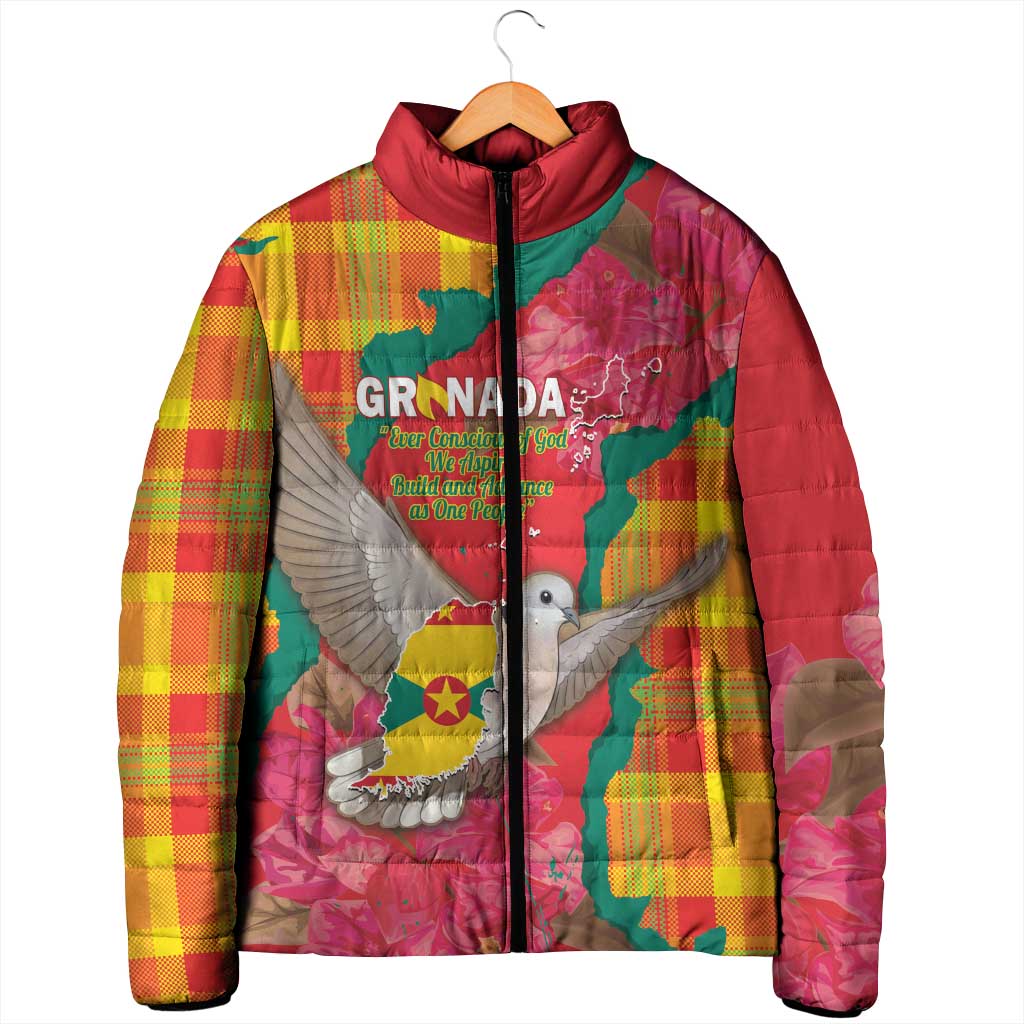 Grenada Independence Day Personalized Padded Jacket Tropical Dove Bougainvillea Madras Pattern
