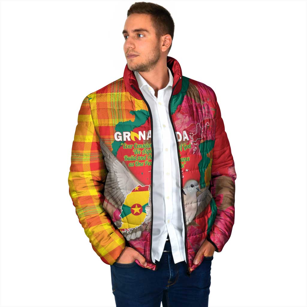 Grenada Independence Day Personalized Padded Jacket Tropical Dove Bougainvillea Madras Pattern