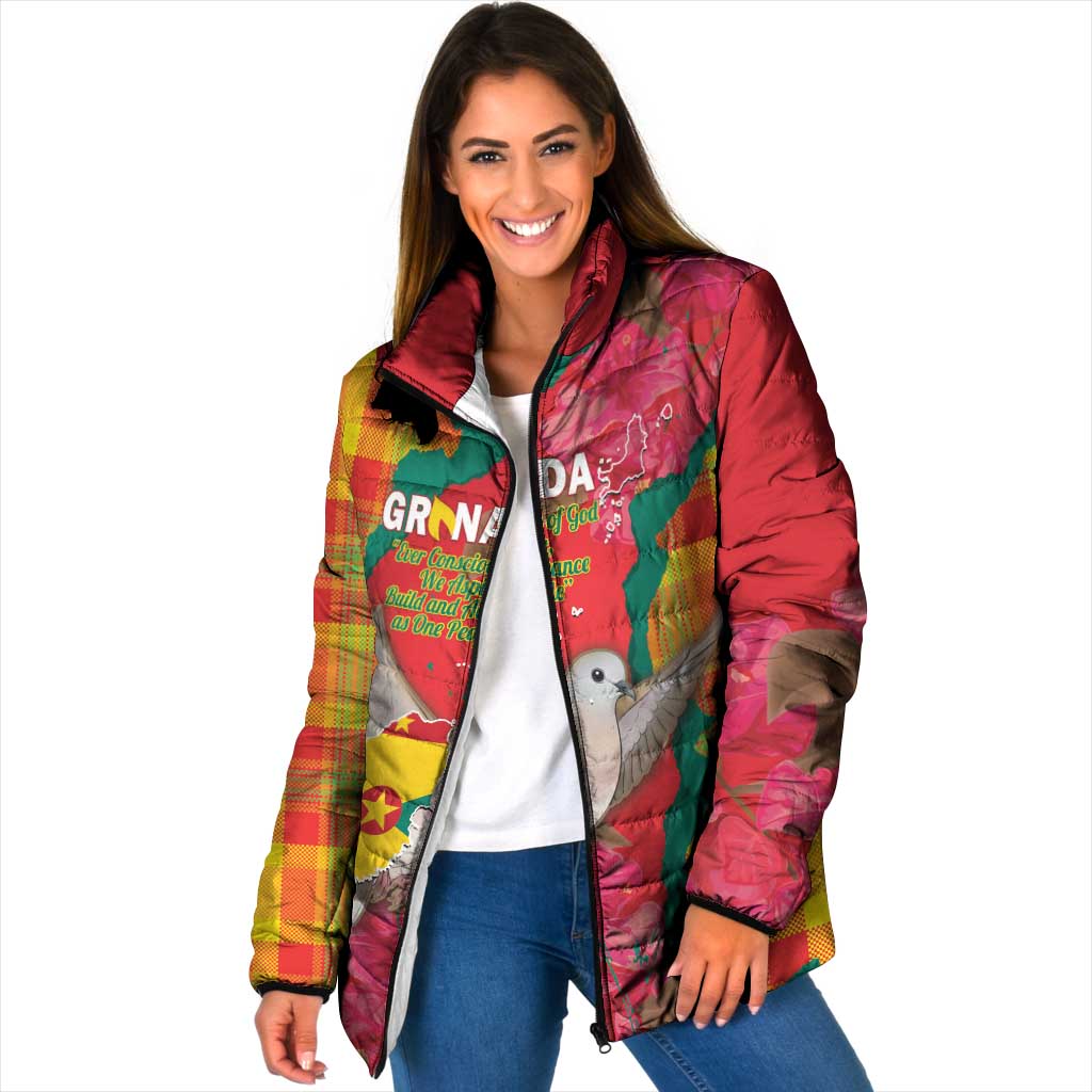 Grenada Independence Day Personalized Padded Jacket Tropical Dove Bougainvillea Madras Pattern