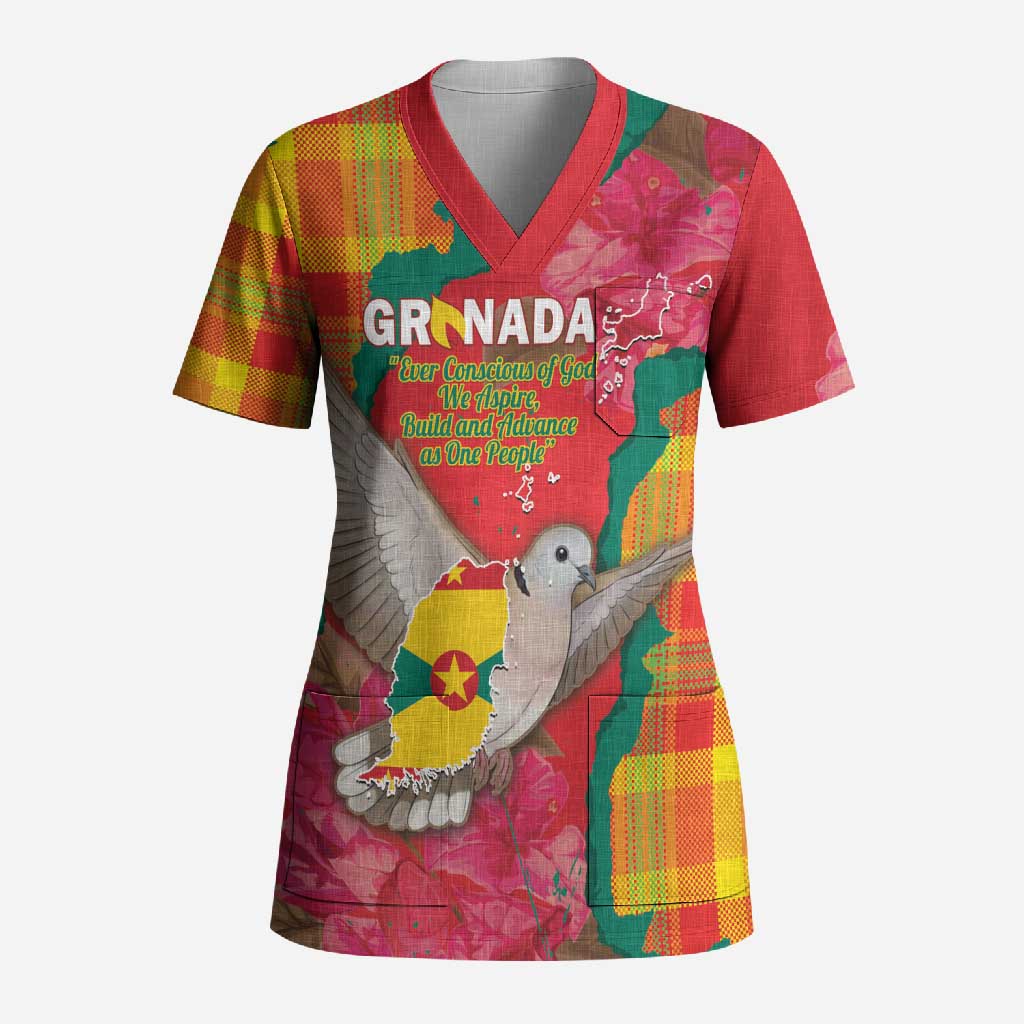 Grenada Independence Day Personalized Scrub Top Tropical Dove Bougainvillea Madras Pattern