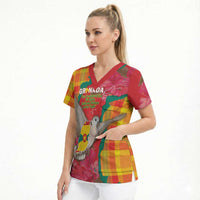 Grenada Independence Day Personalized Scrub Top Tropical Dove Bougainvillea Madras Pattern