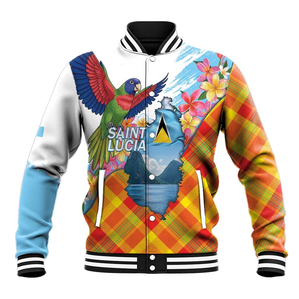 Saint Lucia Independence Day Baseball Jacket Saint Lucian Map Pitons Madras Pattern