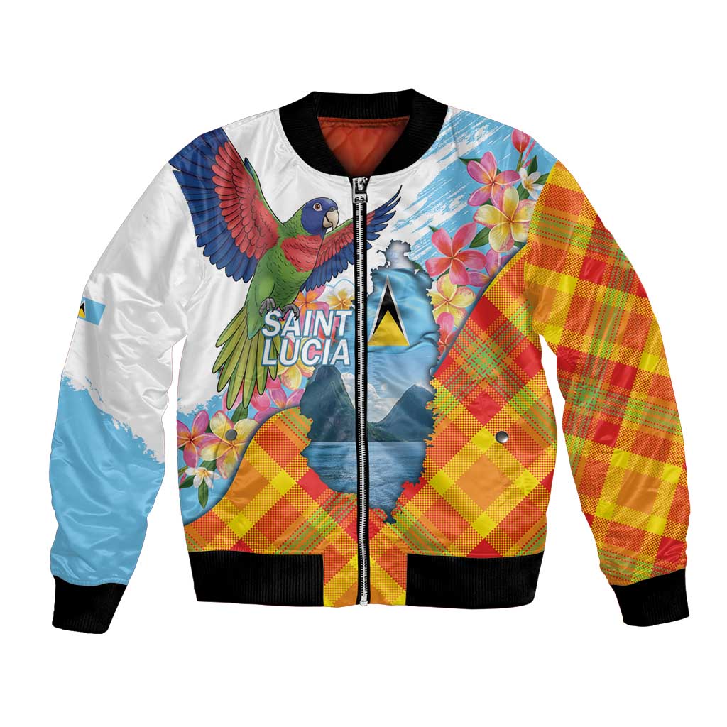 Saint Lucia Independence Day Bomber Jacket Saint Lucian Map Pitons Madras Pattern