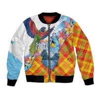 Saint Lucia Independence Day Bomber Jacket Saint Lucian Map Pitons Madras Pattern