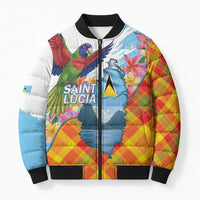 Saint Lucia Independence Day Bomber Puffer Jacket Saint Lucian Map Pitons Madras Pattern