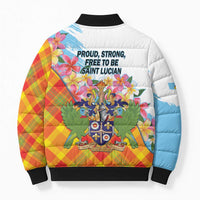 Saint Lucia Independence Day Bomber Puffer Jacket Saint Lucian Map Pitons Madras Pattern