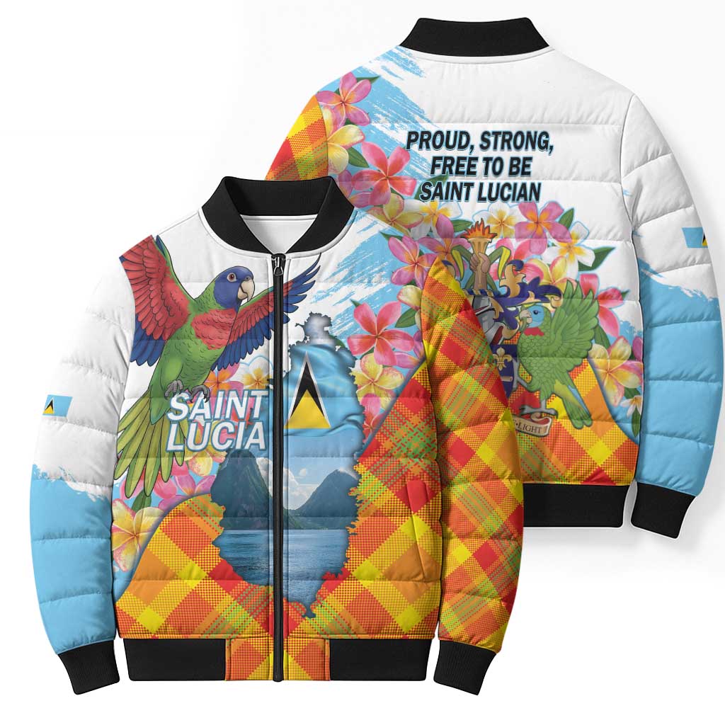 Saint Lucia Independence Day Bomber Puffer Jacket Saint Lucian Map Pitons Madras Pattern