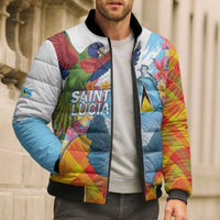 Saint Lucia Independence Day Bomber Puffer Jacket Saint Lucian Map Pitons Madras Pattern