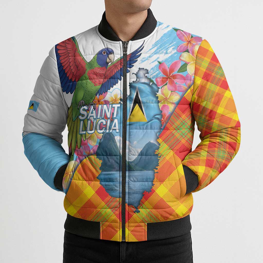 Saint Lucia Independence Day Bomber Puffer Jacket Saint Lucian Map Pitons Madras Pattern