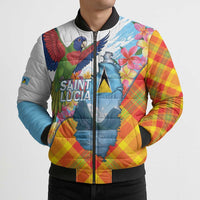 Saint Lucia Independence Day Bomber Puffer Jacket Saint Lucian Map Pitons Madras Pattern
